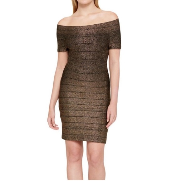 GUESS Bodycon Bandage Metallic Gold off the shoulder dress in US 10 M Black tie - Picture 2 of 11